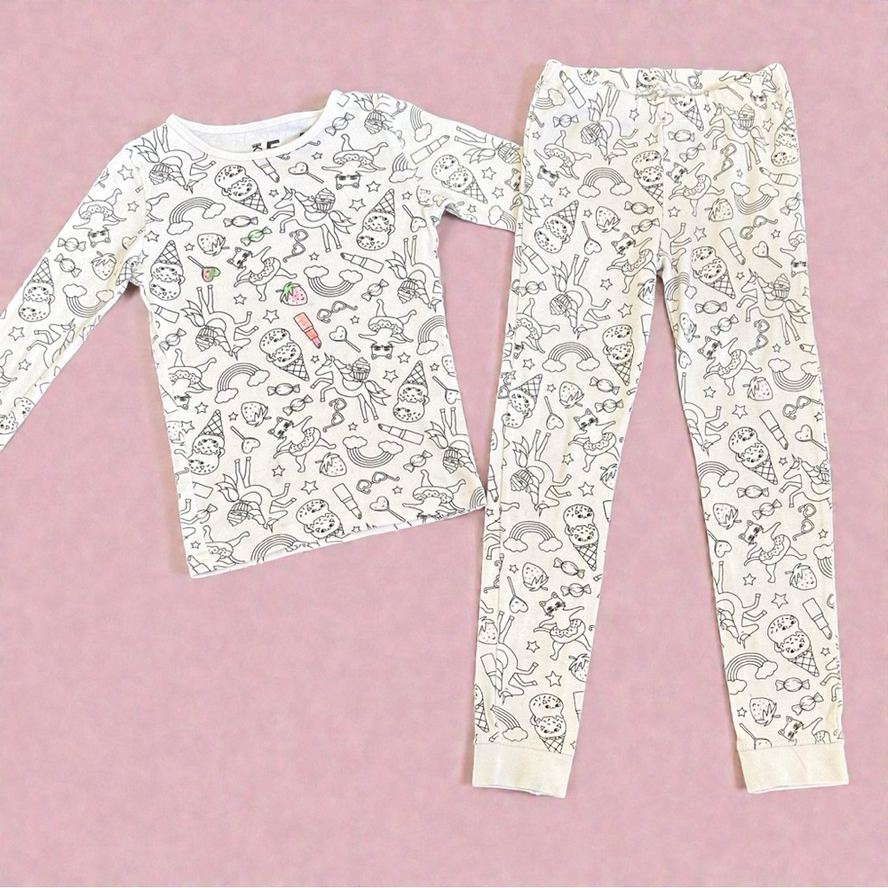 Cotton On Kids Girls Two-Piece "COLOR ME IN" Black & White Pajama Set - Size 5-6